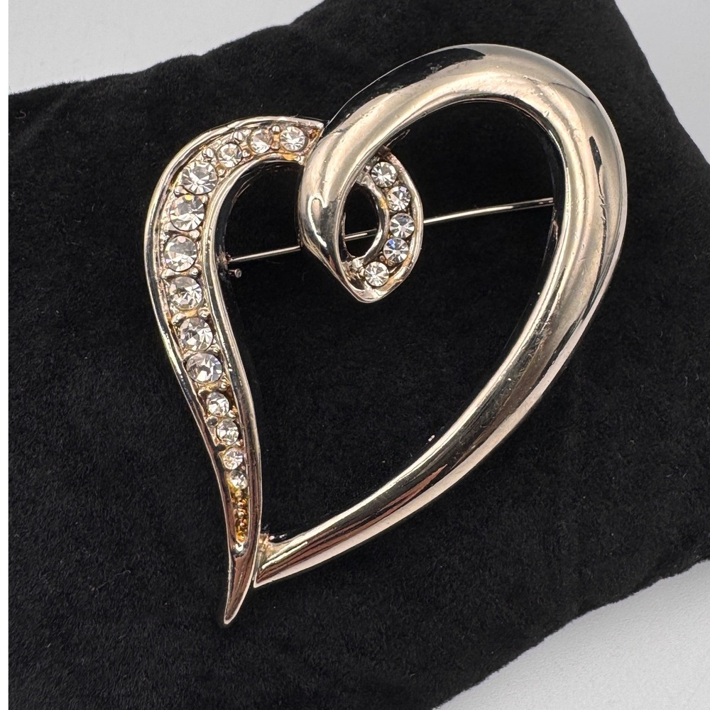 Large Silver‎ Tone Rhinestone Valentine Heart Brooch Sweetheart Jewelry
